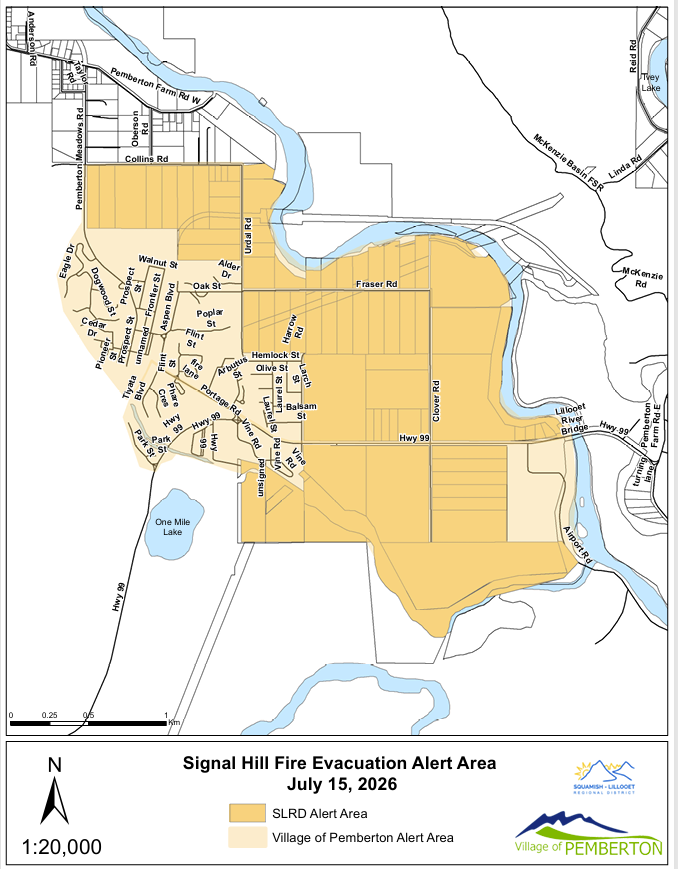 Evacuation alert map for Pemberton Signal Hill fire