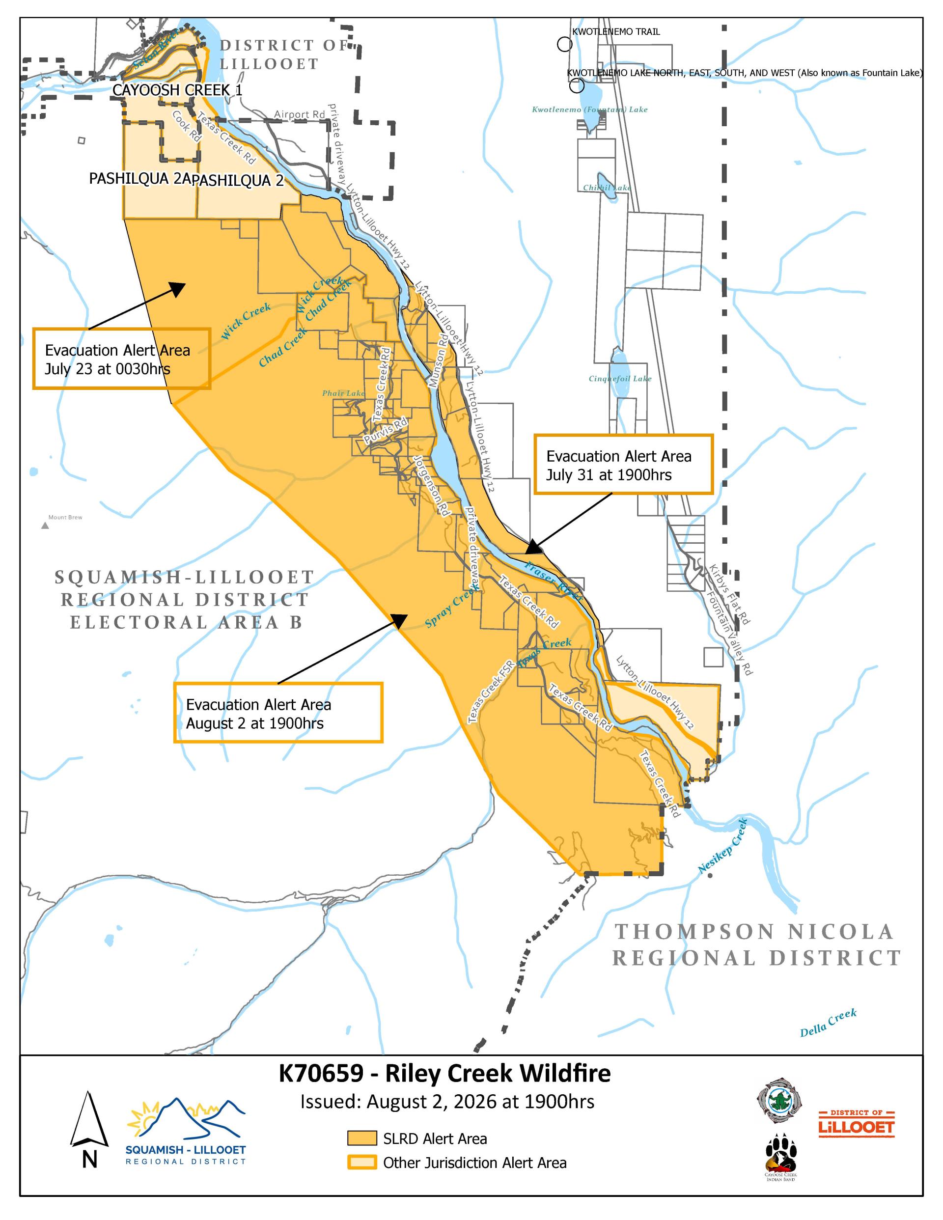 Evacuation alert area map for Riley Creek Wildfire SLRD on August 2, 2026