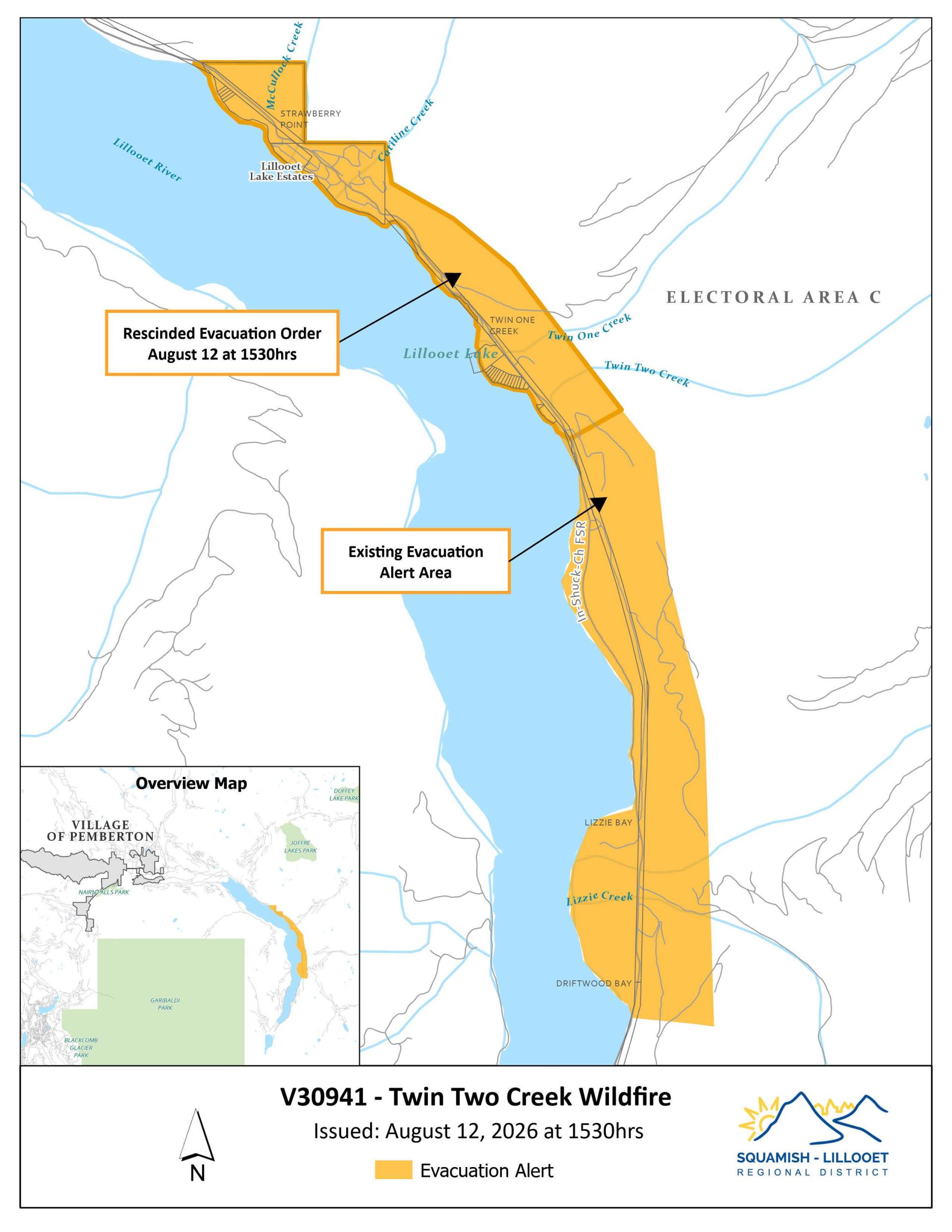 Map of the properties on Evacuation Alert due to the Twin Two wildfire in Area C as of August 12, 2026.